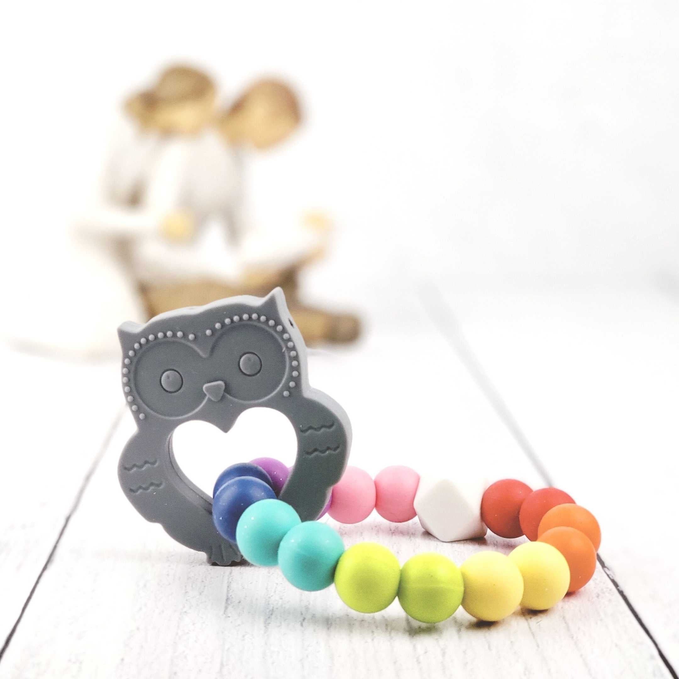 Owl Teething Ring in Brilliant Gray  Owl Teething Ring in Brilliant Gray